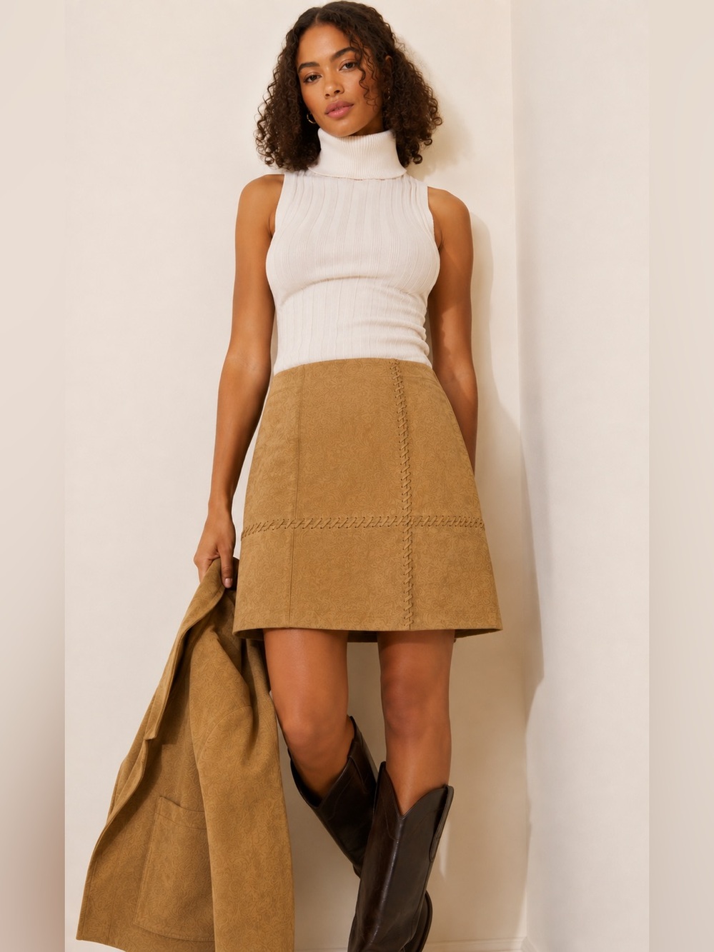 IDEOLOGY 100% Leather Whipstitch Skirt